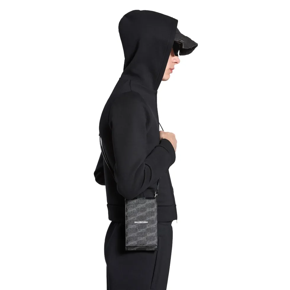 Balenciaga Phone Accessories & Keyrings>Men's Signature Phone Holder With Strap Bb Monogram Coated Canvas  in Black