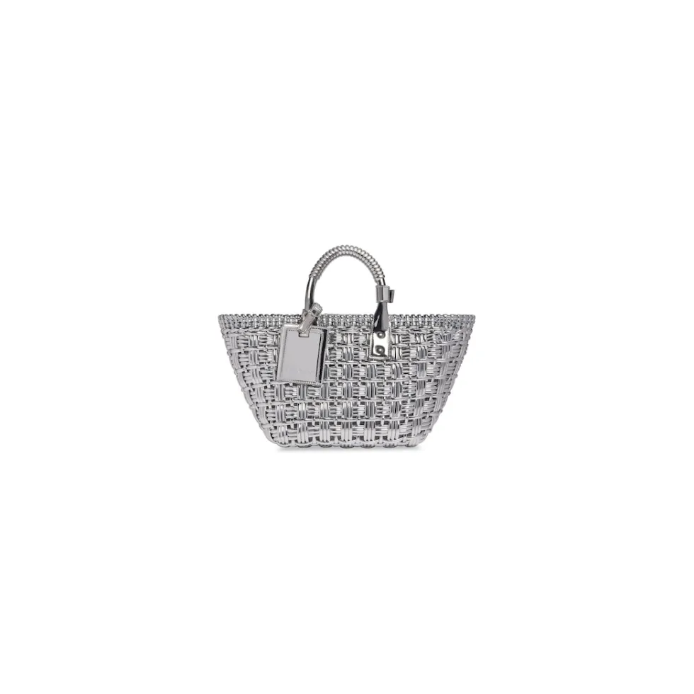 Balenciaga Tote Bags>Women's Bistro Xs Basket With Strap In Mirror Fabric in Silver