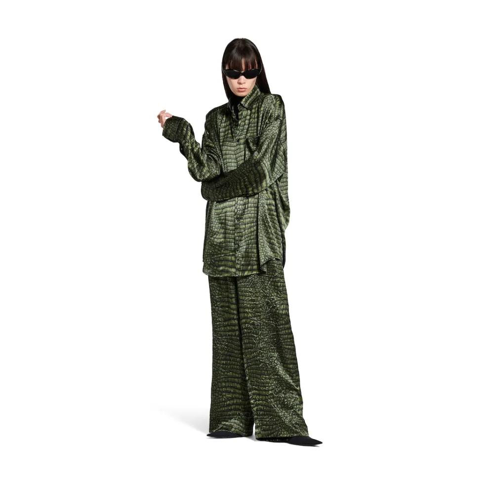 Balenciaga Tops & Shirts>Women's Cocoon Shirt In Ai Croc Silk Satin in Green
