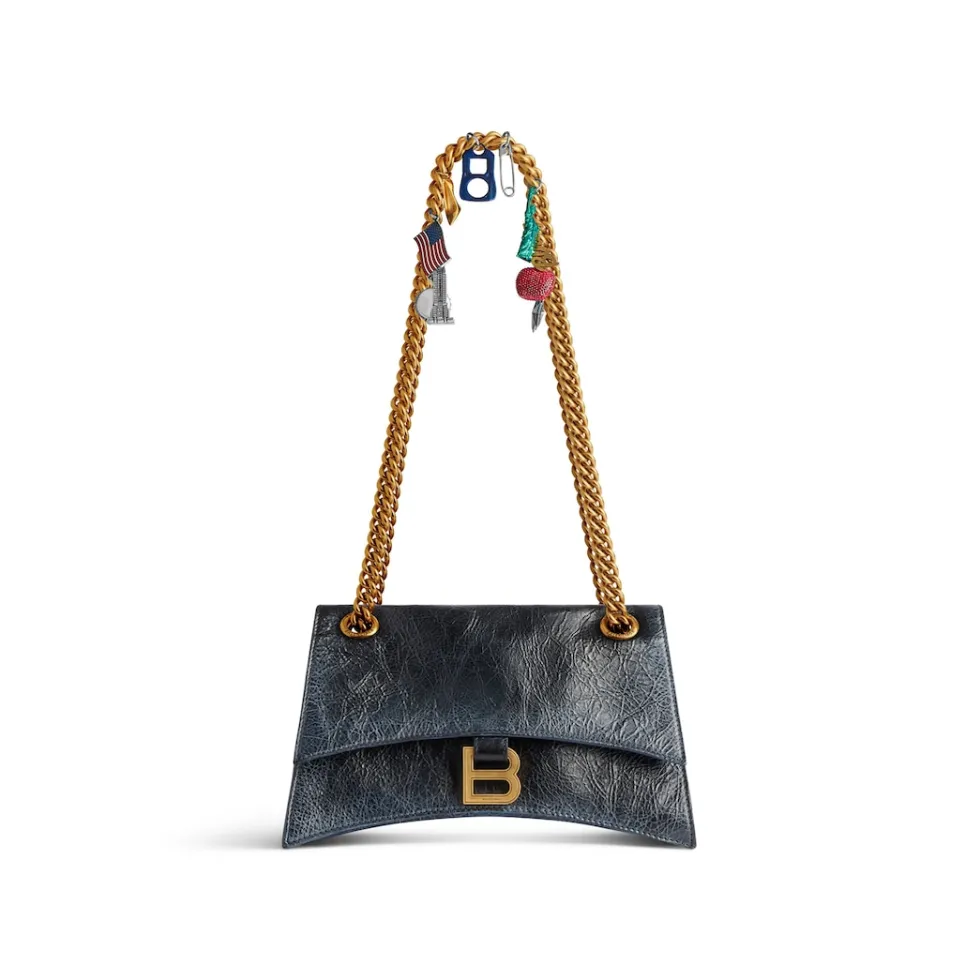 Balenciaga Chain Bags>Women's Crush Small Chain Bag Dirty Effect With Ny Souvenirs Charms in Black