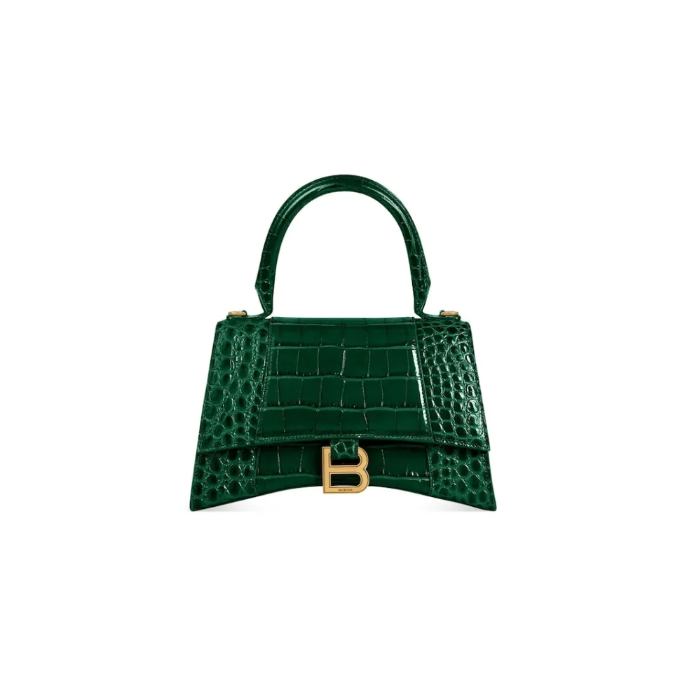 Balenciaga Handbags>Women's Hourglass Small Handbag Crocodile Embossed in Forest Green Forestgreen