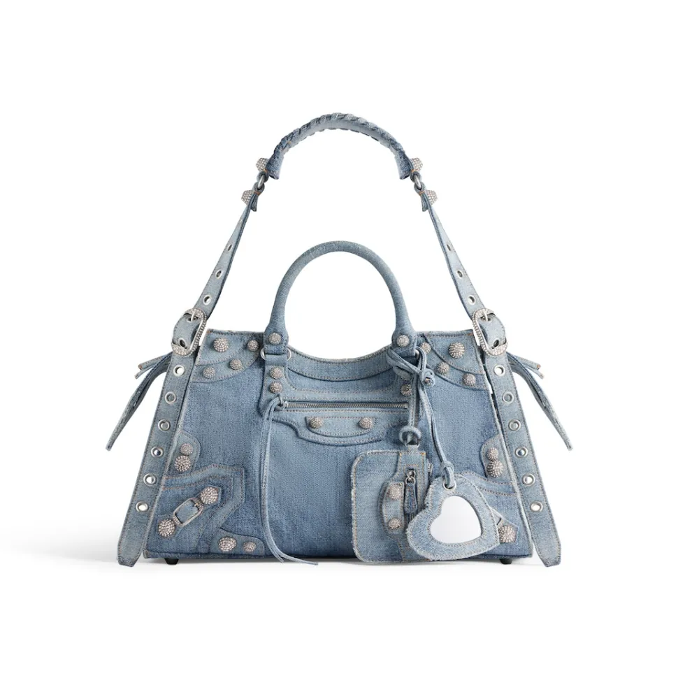 Balenciaga Handbags>Women's Neo Cagole City Handbag Denim With Rhinestones in Blue