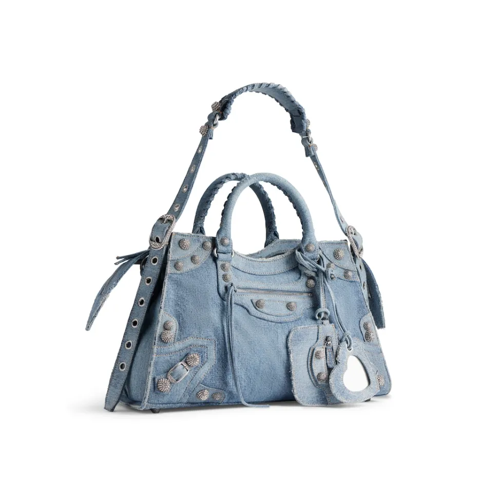 Balenciaga Handbags>Women's Neo Cagole City Handbag Denim With Rhinestones in Blue
